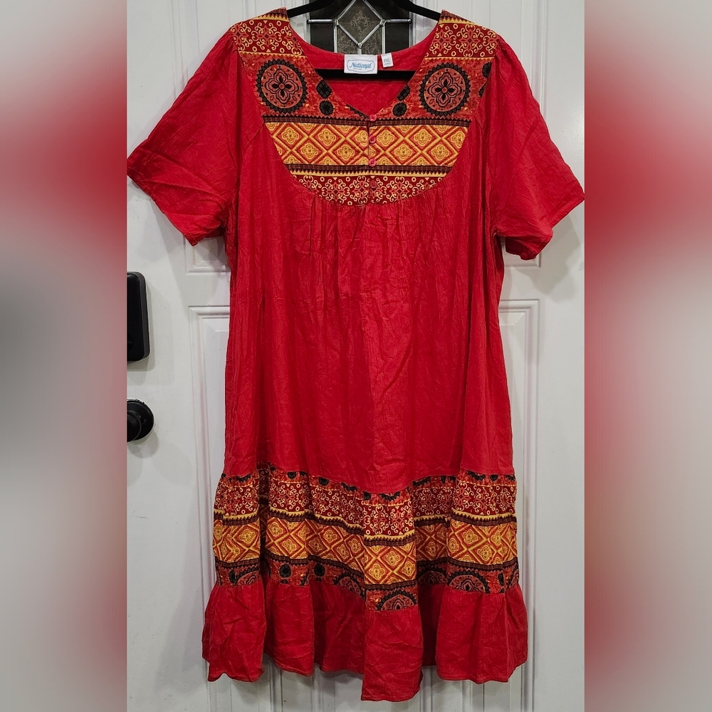 National Crepe Cotton Red and Gold Women's House Dress Size PXL